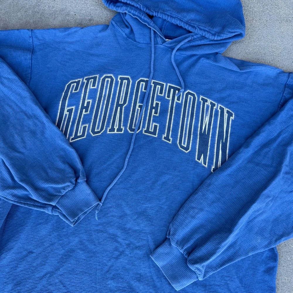 Vintage Galt Sand Georgetown University Hoodie Blue Ribbed Cotton Mens Large USA